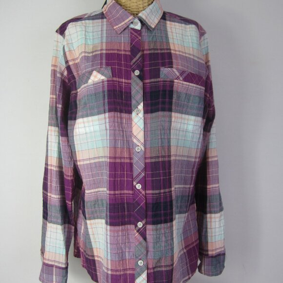 Eddie Bauer Women L Purple Plaid Live Your Adventure LS Shirt Crinkle Cotton - Picture 9 of 10